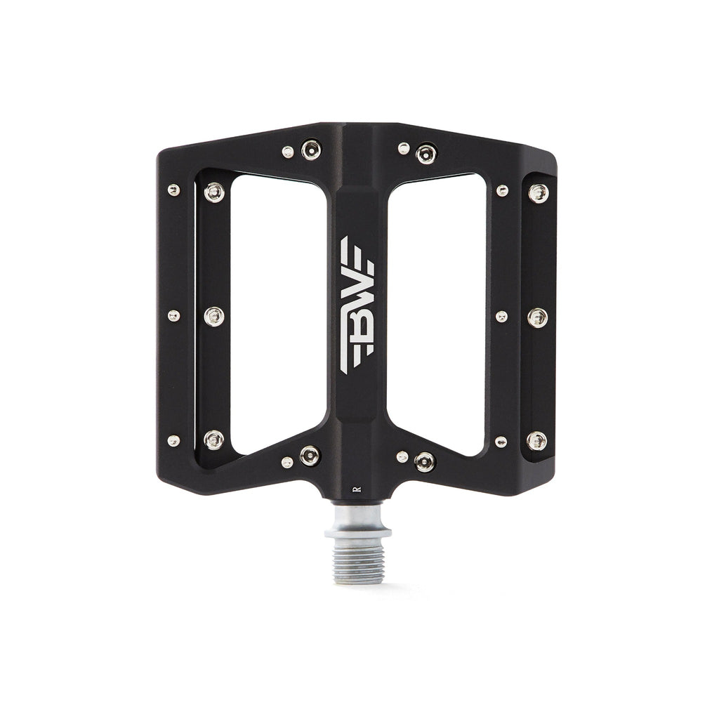 Large platform mountain bike pedal with replaceable traction pins.  Black pedal viewed from top on white background.