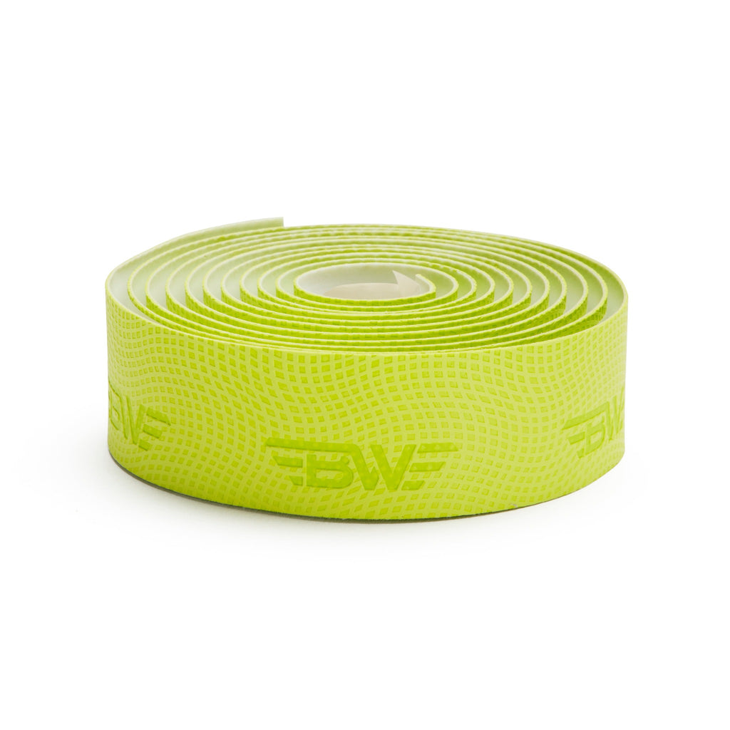 roll of lime green PU handlebar tape on its side. High quality polyurethane lime green handlebar tape.