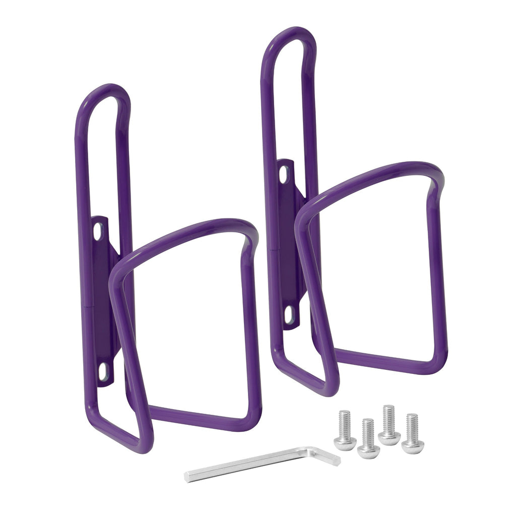 Set of purple water bottle holders for bike.