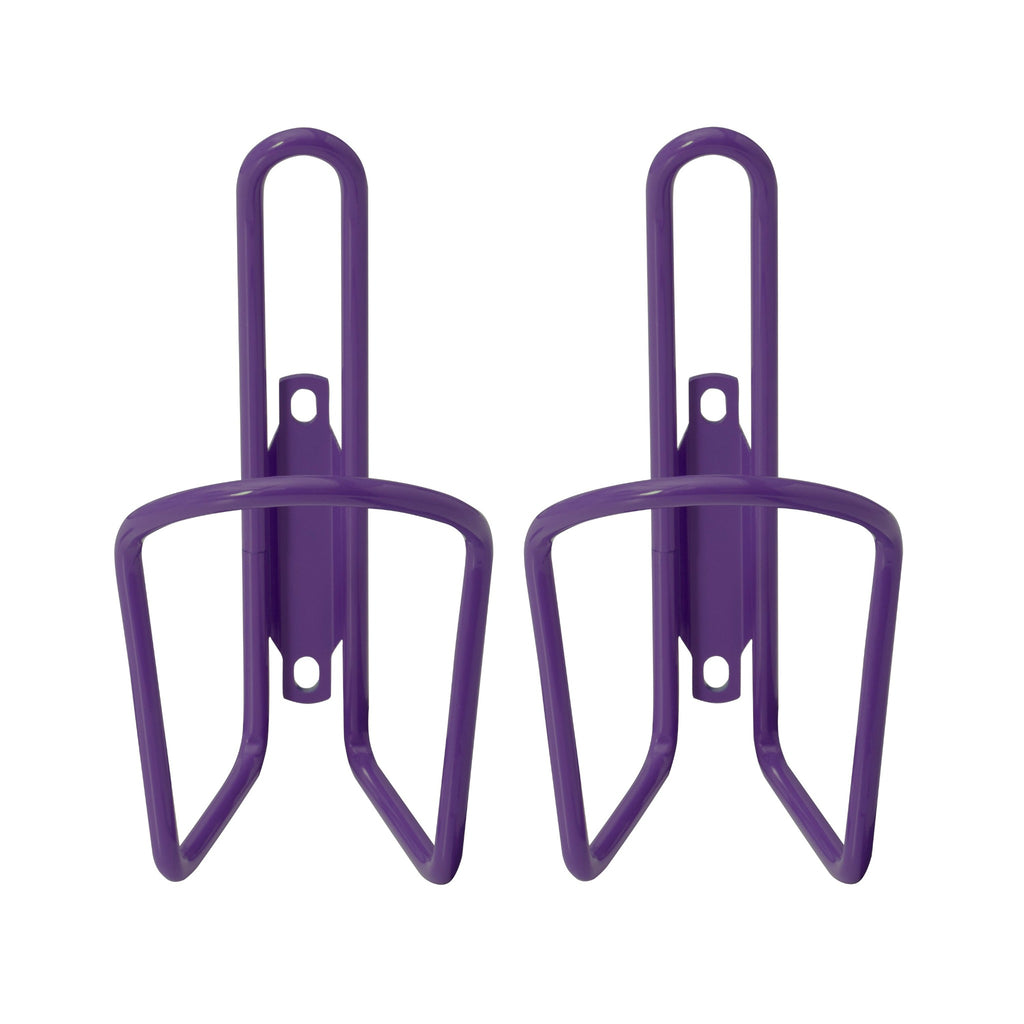 Set of purple water bottle holders for bike.