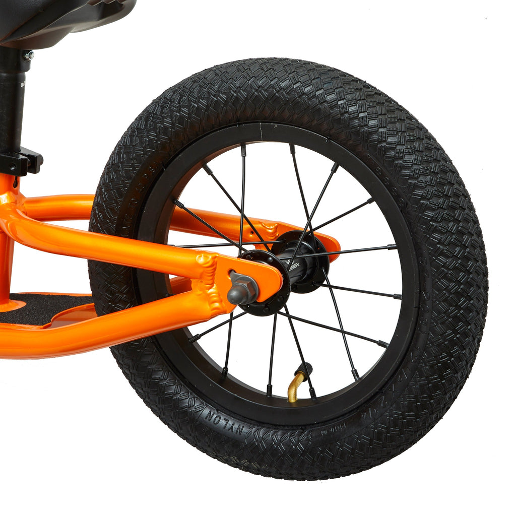 Rear wheel of balance bike for kids.