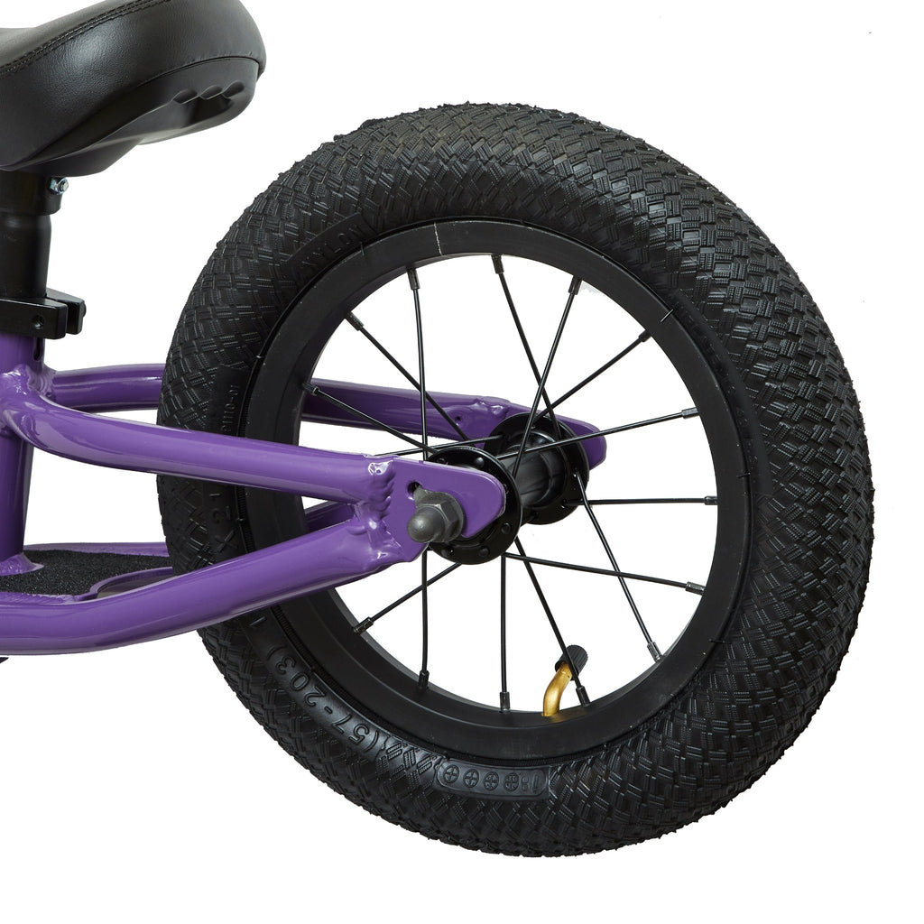 Rear wheel view of kids balance bike.