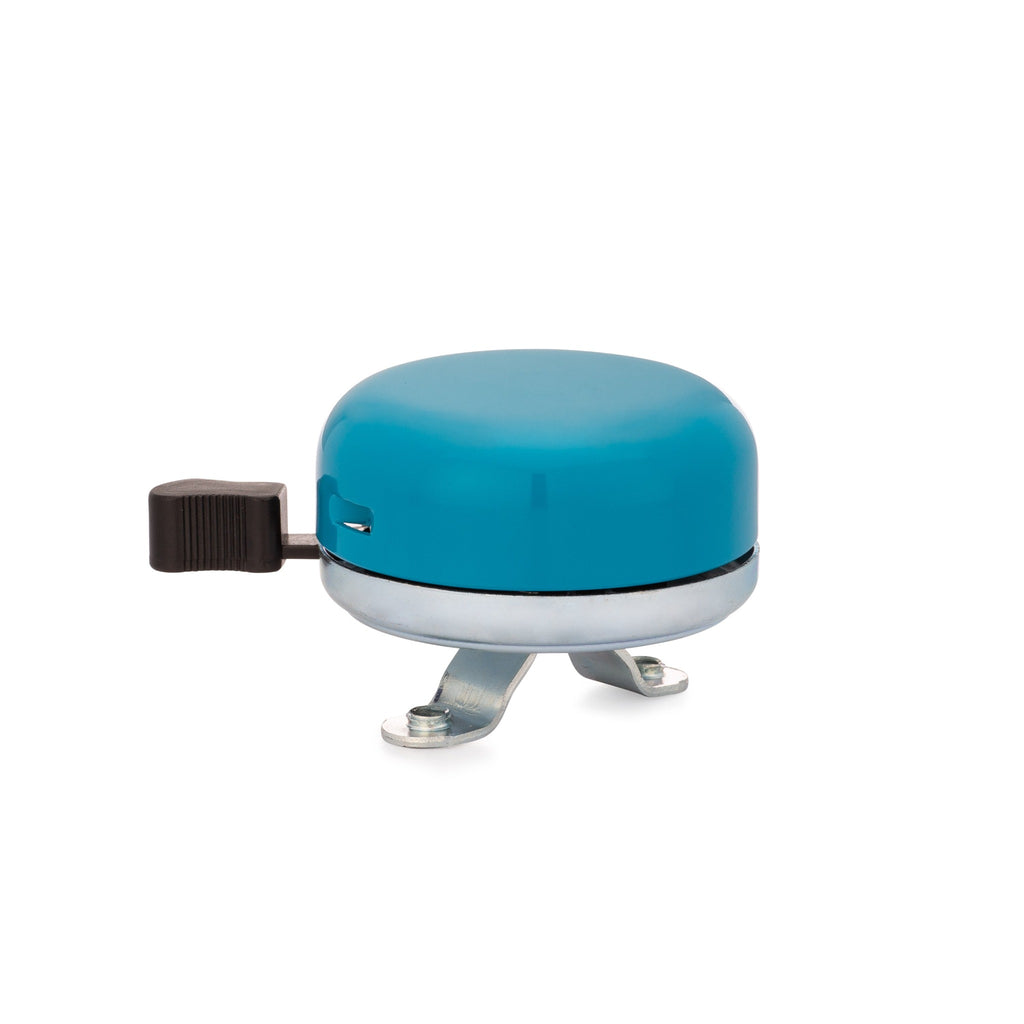 Classic bicycle bell in aegean blue, side view on white background. Vintage style bicycle bell.