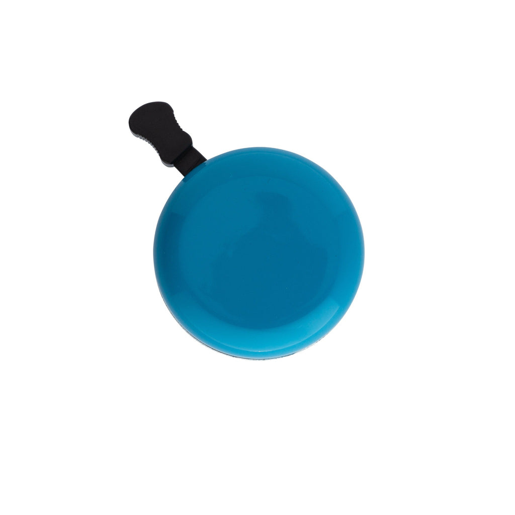 Classic bicycle bell in aegean blue, top view on white background. Vintage style bicycle bell.