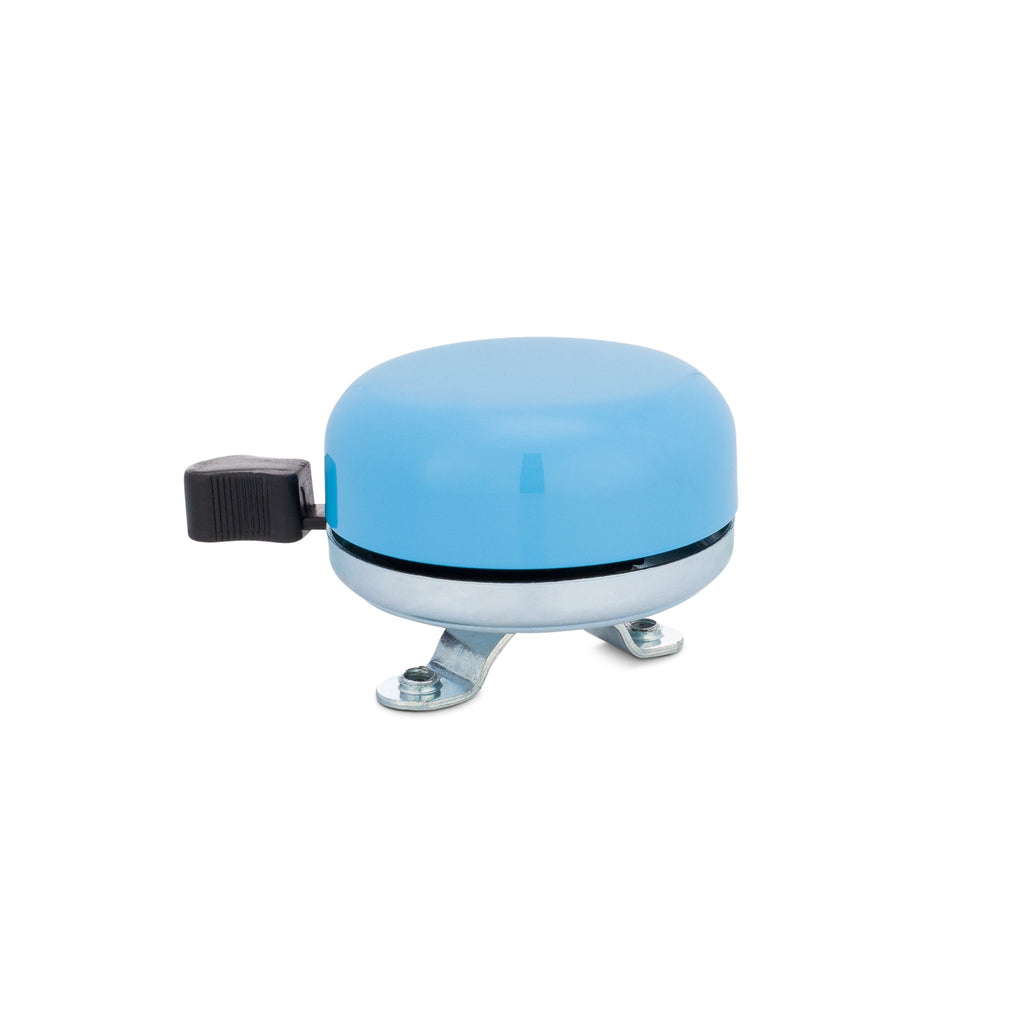 Classic bicycle bell in azure blue, side view on white background. Vintage style bicycle bell.