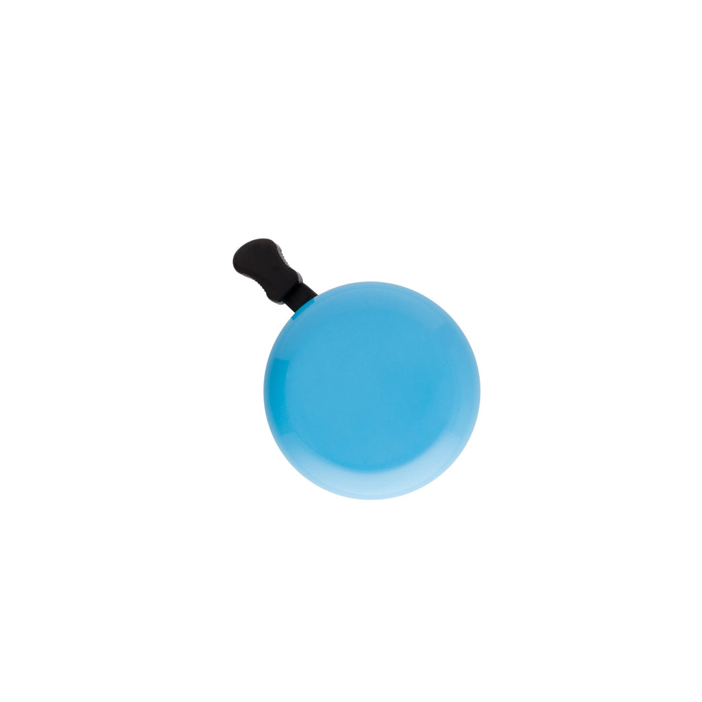 Classic bicycle bell in azure blue, top view on white background. Vintage style bicycle bell.