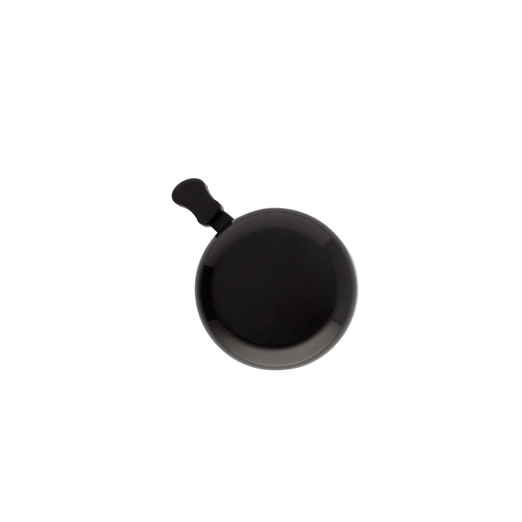 Classic bicycle bell black color, top view on white background. Vintage style bicycle bell.