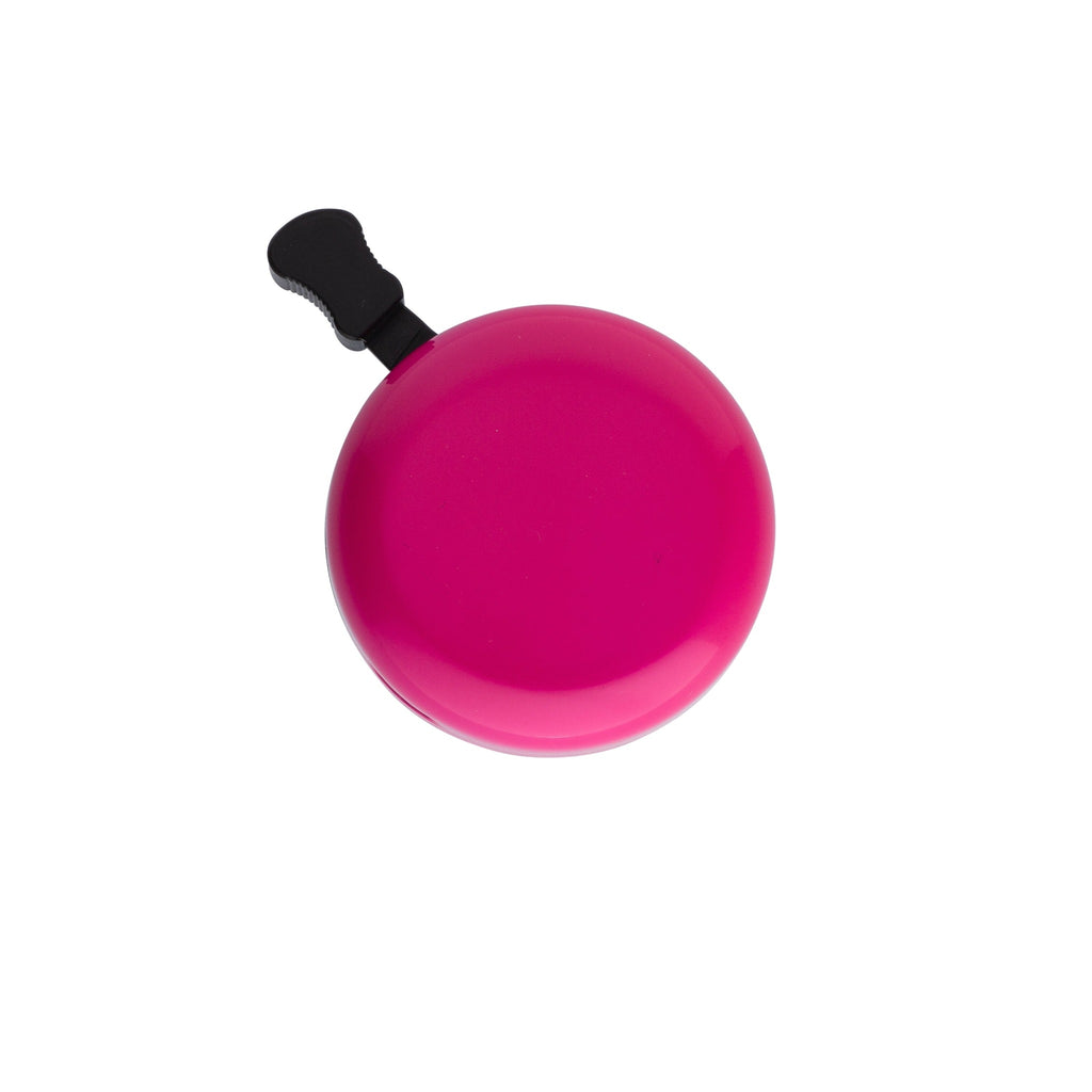 Classic bicycle bell color magenta, top view on white background. Vintage style bicycle bell.