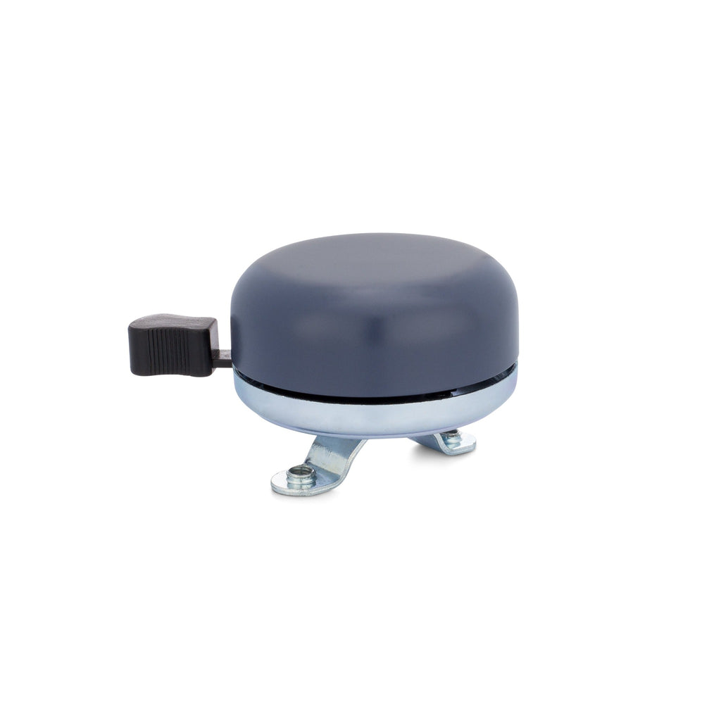 Classic bicycle bell color navy, side view on white background. Vintage style bicycle bell.