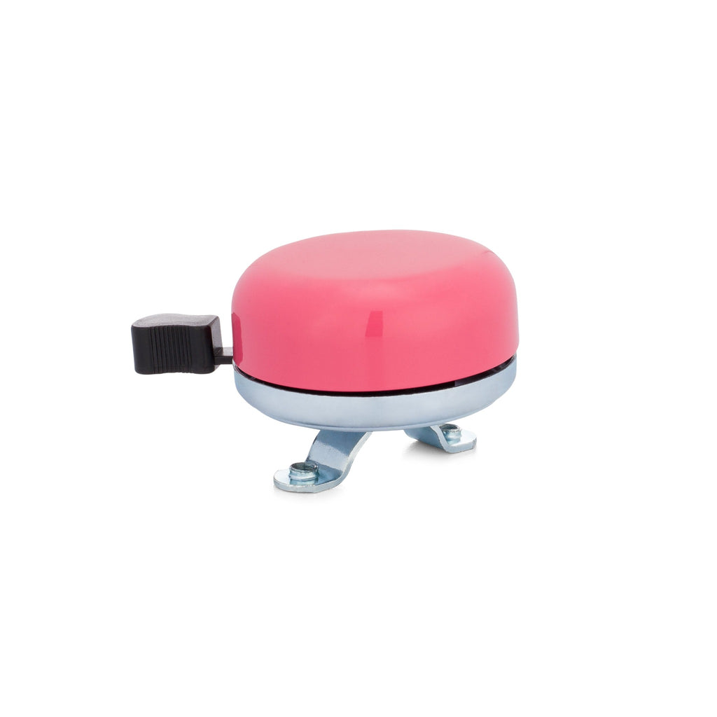 Classic bicycle bell color modern pink, side view on white background. Vintage style bicycle bell.