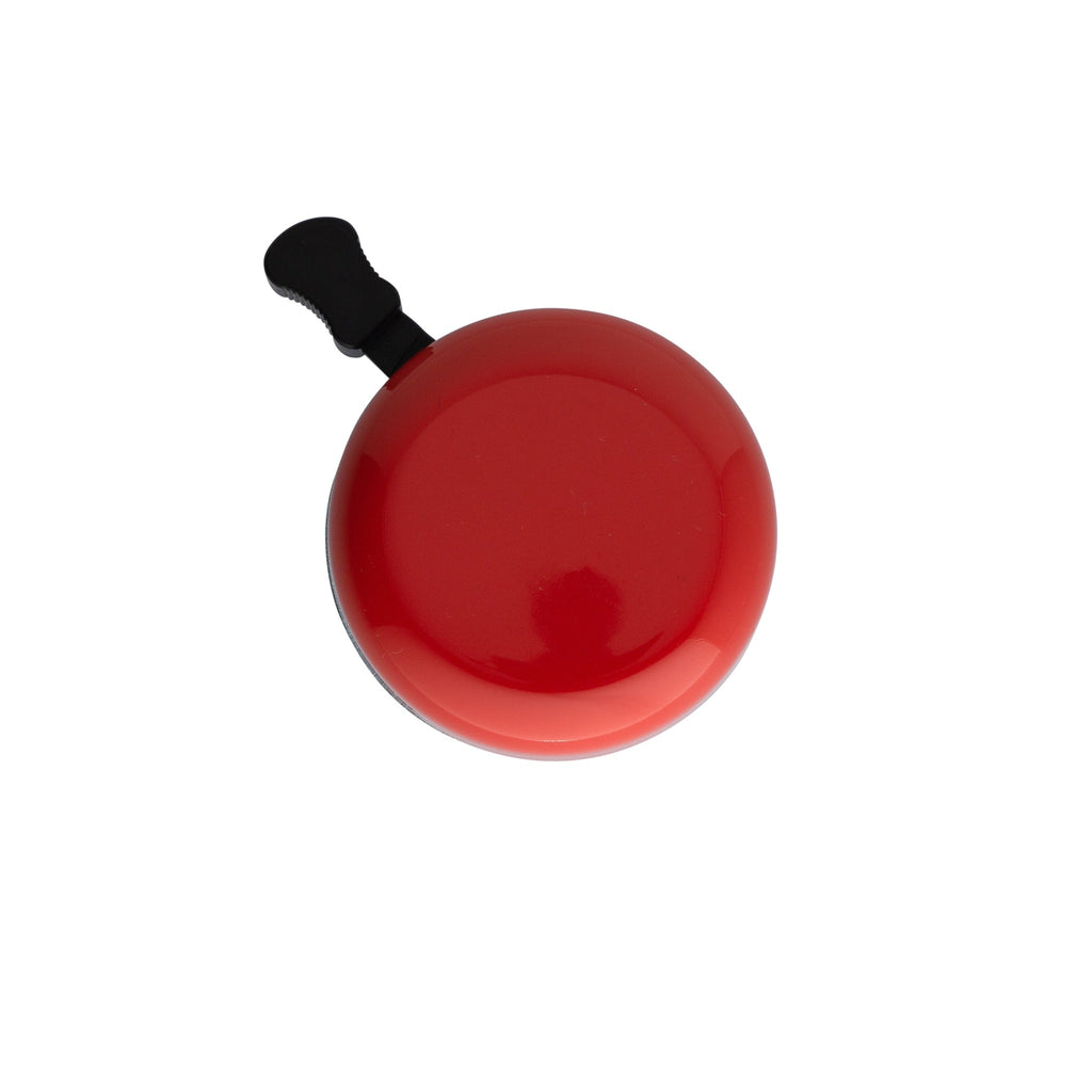Classic bicycle bell color red, top view on white background. Vintage style bicycle bell.
