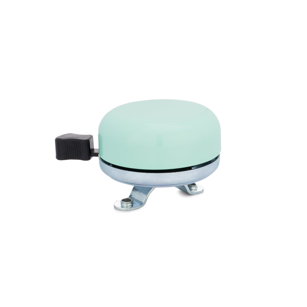 Classic bicycle bell color seafoam, side view on white background. Vintage style bicycle bell.