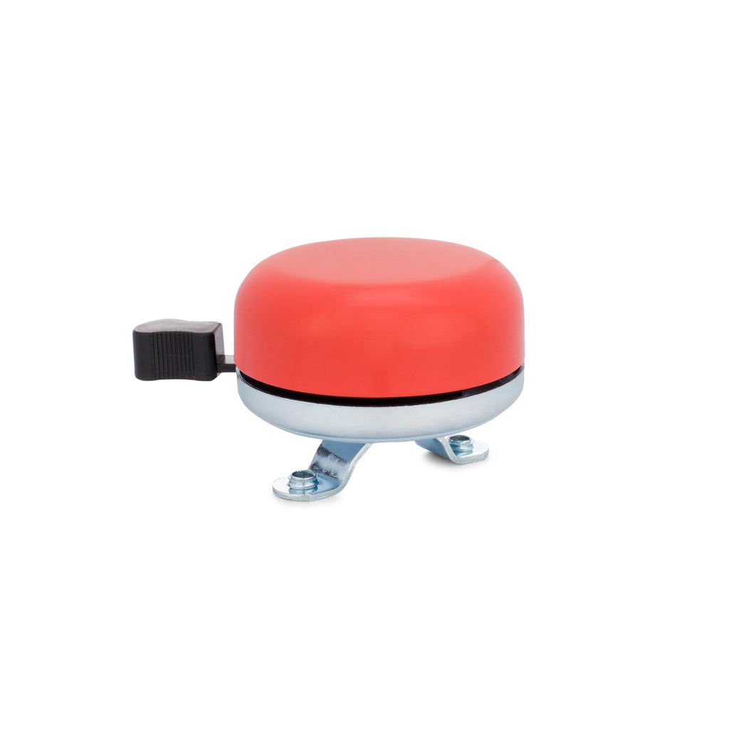 Classic bicycle bell color tangerine, side view on white background. Vintage style bicycle bell.