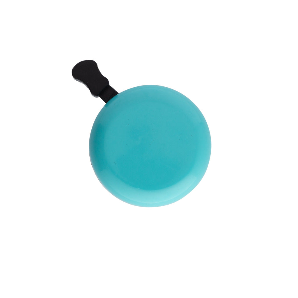 Classic bicycle bell color teal, top view on white background. Vintage style bicycle bell.