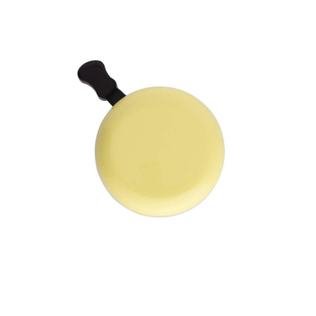 Classic bicycle bell color yellow, top view on white background. Vintage style bicycle bell.